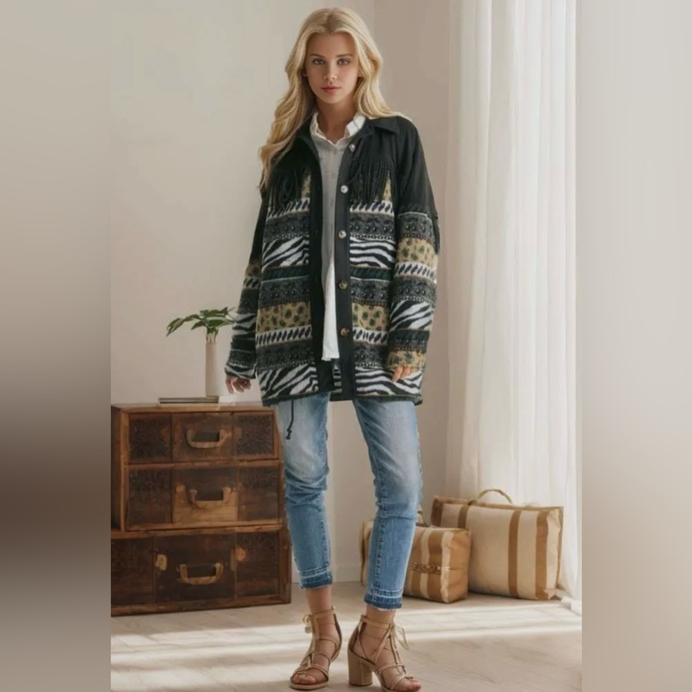 NWT!Plus Size Fringe Button Down Long Sleeve Loose Fit Jacket Sizes 1X 2X 3X - Picture 7 of 8